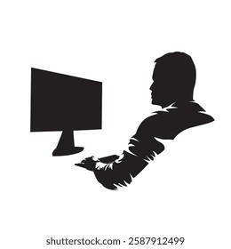 AI specialist, programmer sitting at desk and working on computer. High contrast isolated vector silhouette