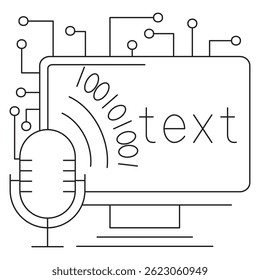 AI speech recognition icon: microphone, binary sound waves, "text" on screen. Vector pictogram, thin black lines, transparent background, editable stroke thickness