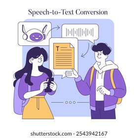 Conceito de conversão de fala em texto para IA. Ilustração de pessoas interagindo com uma IA, mostrando a voz transformada em texto escrito. Tecnologia de assistência na comunicação. Ilustração vetorial.