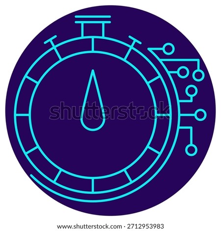 AI Speed Optimization Icon. Minimalistic neon outline on a dark blue round background. A stylish vector illustration of a stopwatch connected to a digital circuit, symbolizing system efficiency, AI performance metrics, and real-time process control