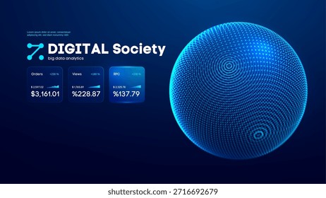 Aire esfera bg con círculo de globo de datos y conexión de red de partículas. Vector Abstractas grande con punto geométrico futurista y analítica redonda artificial. Efecto de análisis ai con datos de inteligencia de Web.