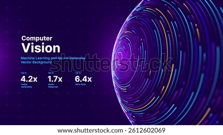 AI Spiral Eye with Neon Data Streams. Futuristic Computer Vision Concept for Machine Learning, Neural Networks, and Big Data Analysis. Abstract Tech Globe. Vector Illustration.