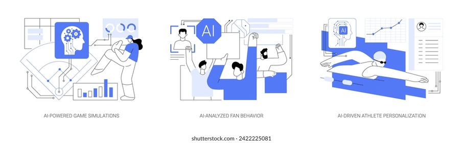 AI in Sports abstract concept vector illustration set. AI-Powered Game Simulations, AI-Analyzed Fan Behavior, targeted marketing and engagement, AI-Driven Athlete Personalization abstract metaphor.