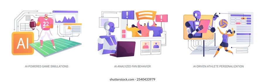 AI in Sports abstract concept vector illustration set. AI-Powered Game Simulations, AI-Analyzed Fan Behavior, targeted marketing and engagement, AI-Driven Athlete Personalization abstract metaphor.