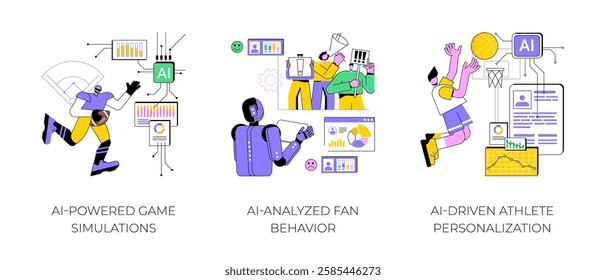 AI in Sports abstract concept vector illustration set. AI-Powered Game Simulations, AI-Analyzed Fan Behavior, targeted marketing and engagement, AI-Driven Athlete Personalization abstract metaphor.