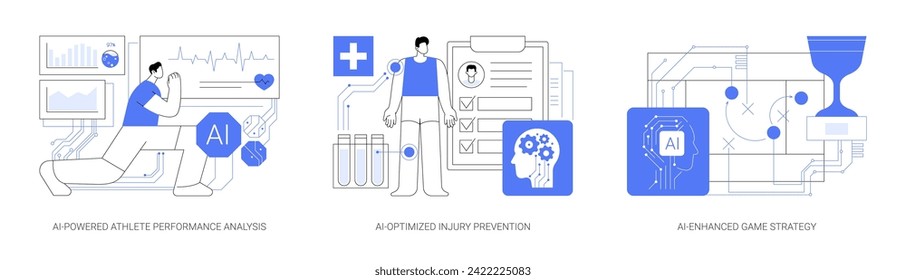 AI in Sports Analytics abstract concept vector illustration set. AI-Powered Athlete Performance Analysis, player health, AI-Optimized Injury Prevention, AI-Enhanced Game Strategy abstract metaphor.