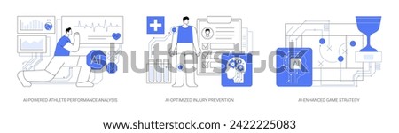 AI in Sports Analytics abstract concept vector illustration set. AI-Powered Athlete Performance Analysis, player health, AI-Optimized Injury Prevention, AI-Enhanced Game Strategy abstract metaphor.