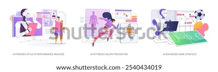 AI in Sports Analytics abstract concept vector illustration set. AI-Powered Athlete Performance Analysis, player health, AI-Optimized Injury Prevention, AI-Enhanced Game Strategy abstract metaphor.