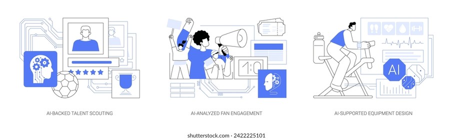 AI in Sports Industry abstract concept vector illustration set. AI-Backed Talent Scouting, player statistics and skills, AI-Analyzed Fan Engagement, Equipment Design and safety abstract metaphor.