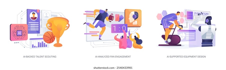 AI en el conjunto de Ilustración vectorial de concepto abstracto de la industria deportiva. Exploración de talentos respaldada por IA, estadísticas y habilidades de los jugadores, participación de fanáticos analizada por IA, diseño de equipos y metáfora abstracta de seguridad.