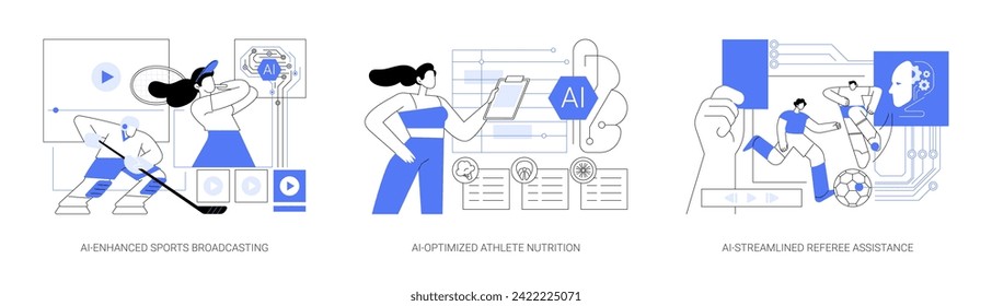 AI in Sports Management abstract concept vector illustration set. AI-Enhanced Sports Broadcasting, AI-Optimized Athlete Nutrition, AI-Streamlined Referee Assistance, Video analysis abstract metaphor.