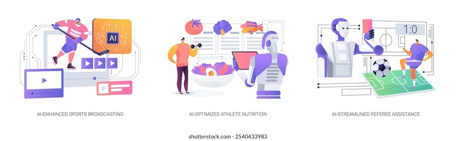 AI en el conjunto de Ilustración vectorial de concepto abstracto de gestión deportiva. VIDEO Difusión deportiva mejorada con IA, nutrición de deportistas optimizada con IA, asistencia de árbitros optimizada con IA, metáfora abstracta de análisis.