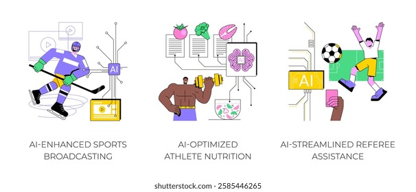 AI in Sports Management abstract concept vector illustration set. AI-Enhanced Sports Broadcasting, AI-Optimized Athlete Nutrition, AI-Streamlined Referee Assistance, Video analysis abstract metaphor.