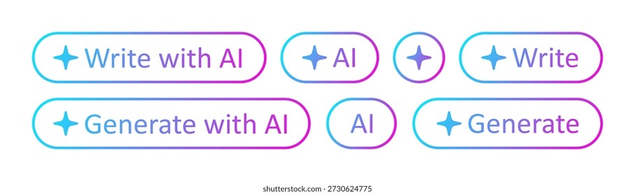 AI star button. Write, generate with AI stamp. Artificial intelligence symbol. Gradient blue purple digital AI robot sign. Magic star smart assistant. Vector illustration isolated on white background.