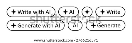 AI star button. Write, generate with AI stamp. Artificial intelligence symbol. Black AI robot sign. Magic star smart assistant. Vector illustration isolated on white background.