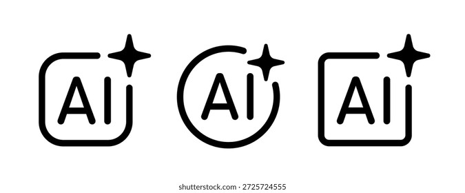Conjunto de ícones de estrelas AI. Símbolo de inteligência artificial. Sinal de robô de IA digital. Ícone de estrela mágica. Sinal de assistente inteligente. Elemento de design gráfico moderno. Ilustração vetorial isolada sobre fundo branco.