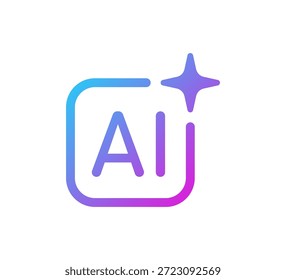 Icono de rectángulo de estrella AI. Símbolo de inteligencia artificial. Gradiente azul púrpura digital AI robot signo. Estrella mágica asistente inteligente. Elemento de diseño moderno. Ilustración vectorial aislada sobre fondo blanco.