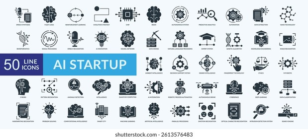 AI startup icon collection set with speech synthesis, fuzzy logic, reinforcement learning, evolution strategy, autonomous system