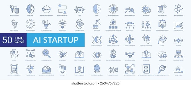 AI startup icon collection set with speech synthesis, fuzzy logic, reinforcement learning, evolution strategy, autonomous system