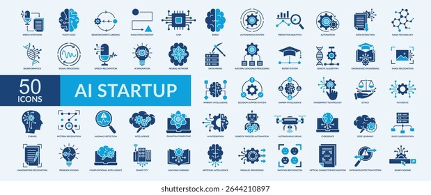 AI conjunto de coleção de ícones de inicialização com síntese de fala, lógica difusa, aprendizagem de reforço, estratégia de evolução, sistema autônomo