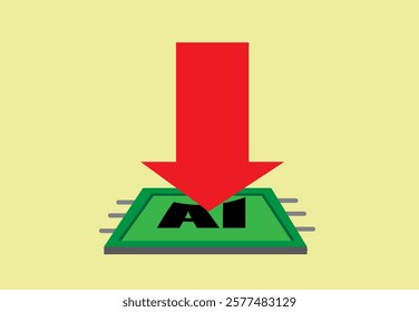 AI stock plunges down or AI use or supply decreases. Editable Clip Art.