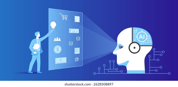 Estratégia de IA para Marketing Digital. Empreendedor usa tecnologias modernas, inteligência artificial e redes neurais para o desenvolvimento e o crescimento de negócios. Ilustração de vetor de néon de desenho animado