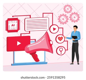 AI Streamline Content Creation. Man using artificial intelligence digital marketing strategies, representing analysis and multimedia content against a futuristic design. 