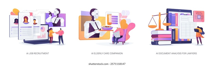 AI Streamlining Professional Tasks abstract concept vector illustration set. Resume screening, AI companion robot assistance, and legal document analysis with AI tools. abstract metaphor.