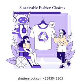 AI Stylist concept. Choosing eco-friendly apparel with the help of technology. Inclusive fashion, digital assistant, recycling symbol. Vector illustration.