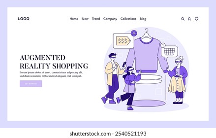 AI Stylist concept. Customers engage with virtual fitting and pricing through augmented reality, revolutionizing retail. Innovative online shopping experience. Vector illustration.