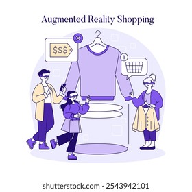 AI Stylist concept. Customers using augmented reality for a futuristic shopping experience. Innovation in fashion and technology integration. Vector illustration.