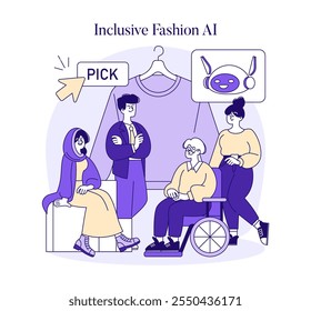 AI Stylist concept. Diverse individuals experiencing AI-driven fashion advice for inclusive style choices. Tech meets inclusion in apparel selection. Vector illustration.