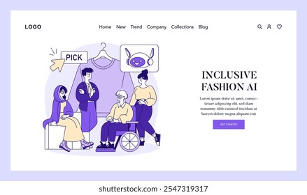 AI Stylist concept. Diverse users enjoy tailored clothing picks by an artificial intelligence on a fashion website. Inclusivity in tech-driven style choices. Vector illustration.