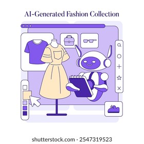 Concepto AI Stylist. Un simpático bot sugiere atuendos en una pantalla digital, integrando tecnología y moda. Opciones de vestuario a medida con asistencia de IA. Ilustración vectorial.