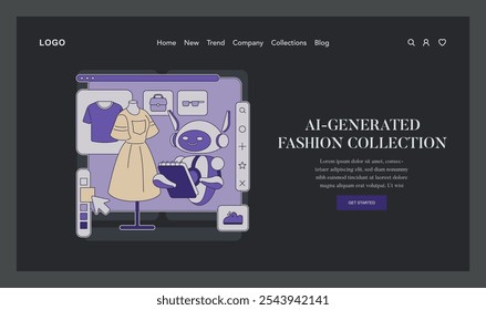 AI Stylist concept. A friendly robot creating a bespoke fashion collection on a digital interface. Technology meets designer creativity in e-commerce. Vector illustration.