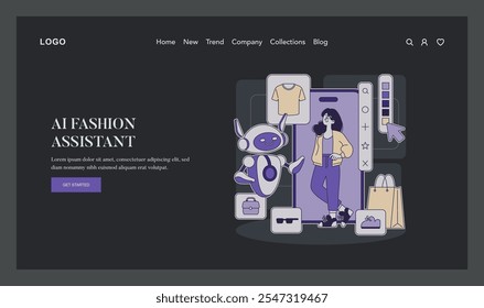 AI Stylist concept. A friendly robot helps a woman choose clothes through a digital interface on a website. Fashion technology revolution. Vector illustration.