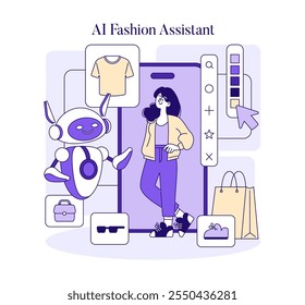 Concepto AI Stylist. Un simpático robot da consejos de moda a una mujer sonriente a través de una interfaz digital, sugiriendo opciones de ropa. Ilustración vectorial.