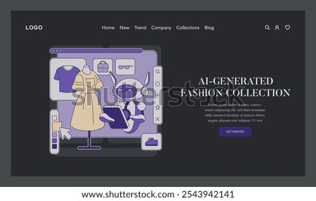 AI Stylist concept. A friendly robot creating a bespoke fashion collection on a digital interface. Technology meets designer creativity in e-commerce. Vector illustration.