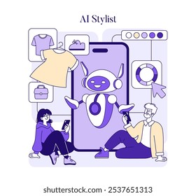 AI Stylist concept. A futuristic fashion assistant recommends outfits, engaging with users through a digital interface. Personalized clothing selection. Vector illustration.