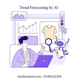 Concepto AI Stylist. Una ilustración de la inteligencia artificial que pronostica las tendencias de la moda con un hombre y un robot analizando datos. Ilustración vectorial.