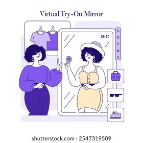 AI Stylist concept. A woman experiments with different outfits using a virtual try-on mirror, exploring fashion choices with technology. Vector illustration.