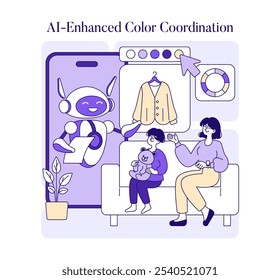 AI stylist concept. A woman interacts with a virtual fashion assistant on her smartphone for outfit selection. Technology in personalized wardrobe management. Vector illustration.