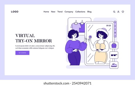 AI Stylist concept. Woman interacts with a digital try-on mirror, choosing outfits and accessories with technology assistance. E-commerce fashion innovation. Vector illustration.