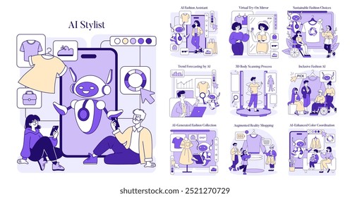 AI Stylist set. Digital fashion assistants illustrating outfits, trend forecasting, sustainable choices, and AR shopping. Inclusive AI technology in style curation. Vector illustration.