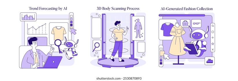 AI Stylist set. A progression from trend analysis to personalized fashion tips by an artificial intelligence, with 3D body scanning. Vector illustration.