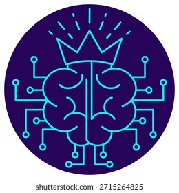 Ícone de inteligência artificial. Contorno de néon minimalista em um fundo redondo azul escuro. Ilustração vetorial elegante de um cérebro digital coroado conectado a um circuito, simbolizando capacidades cognitivas avançadas, supremacia da IA e uma inteligência de sistema mestre