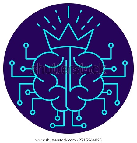 AI Superintelligence Icon. Minimalistic neon outline on a dark blue round background. A stylish vector illustration of a crowned digital brain connected to a circuit, symbolizing advanced cognitive capabilities, ultimate AI dominance, and a master system intelligence