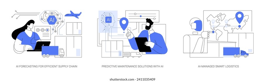 AI in Supply Chain Management abstract concept vector illustration set. AI Forecasting for Efficient Supply Chain, Predictive Maintenance Solutions, AI-Managed Smart Logistics abstract metaphor.