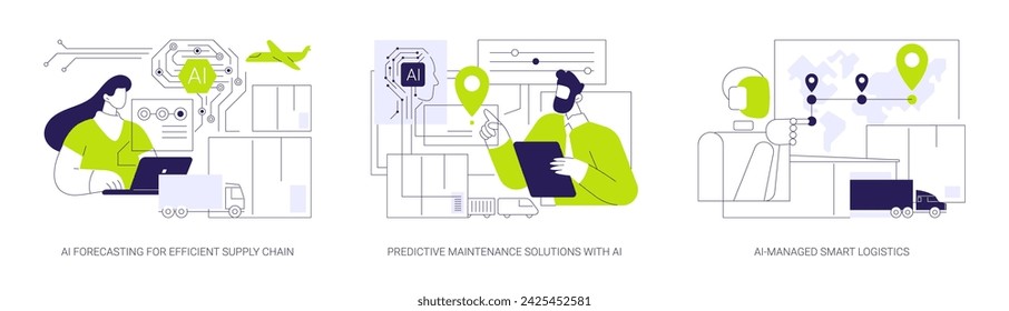 AI in Supply Chain Management abstract concept vector illustration set. AI Forecasting for Efficient Supply Chain, Predictive Maintenance Solutions, AI-Managed Smart Logistics abstract metaphor.