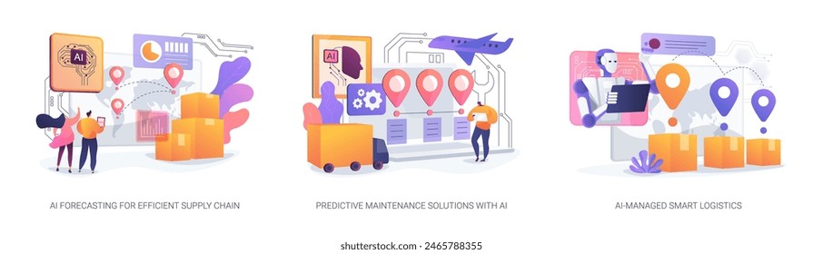 AI in Supply Chain Management abstract concept vector illustration set. AI Forecasting for Efficient Supply Chain, Predictive Maintenance Solutions, AI-Managed Smart Logistics abstract metaphor.